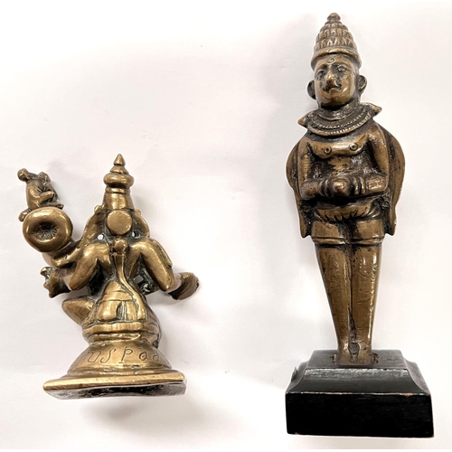 390A - 2 Indian bronze figures 1 multi armed deity the other 2 sided figure on wooden stand height 14cm