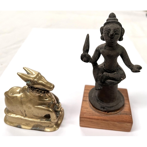 390C - 2 Indian bronzes 1 of ox and 1 of man seated on plinth on wooden base height 13cm