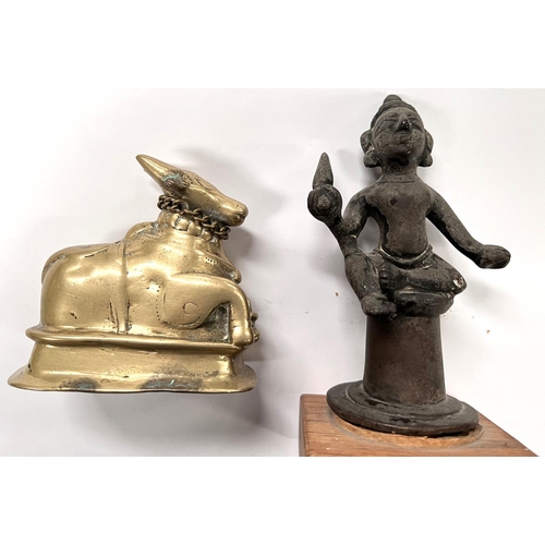 390C - 2 Indian bronzes 1 of ox and 1 of man seated on plinth on wooden base height 13cm