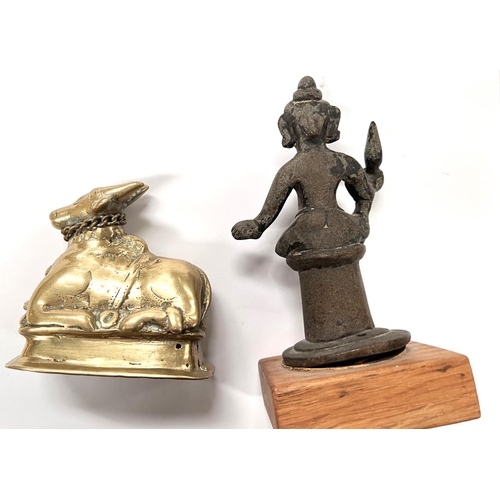 390C - 2 Indian bronzes 1 of ox and 1 of man seated on plinth on wooden base height 13cm