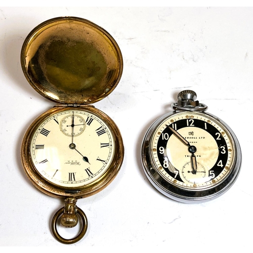 730 - A gold plated Waltham enclosed pocket watch and a chrome vintage Ingersoll Triumph pocket watch etc