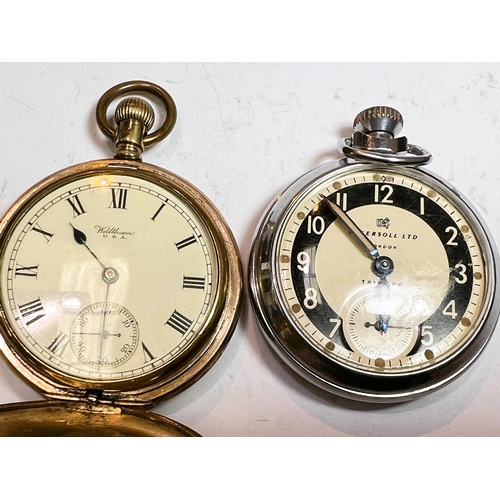 730 - A gold plated Waltham enclosed pocket watch and a chrome vintage Ingersoll Triumph pocket watch etc