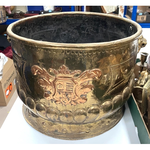 12 - A brass armorial log bucket, two similar items and a selection of metalware.