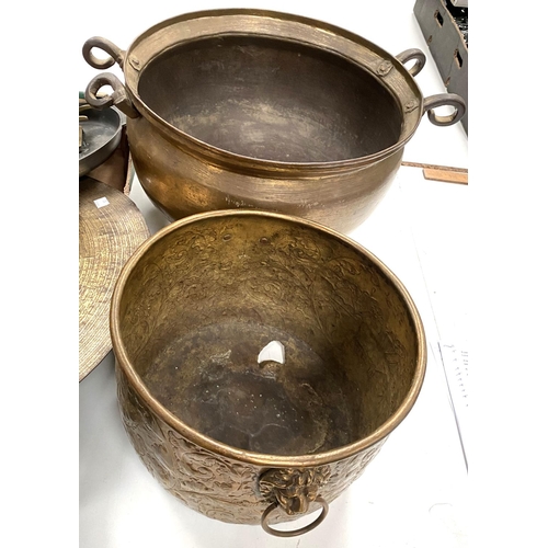 12 - A brass armorial log bucket, two similar items and a selection of metalware.