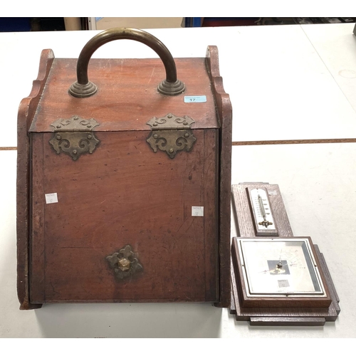 17 - An Edwardian walnut slope front coal box; a wall hanging hall brush rack (barometer)