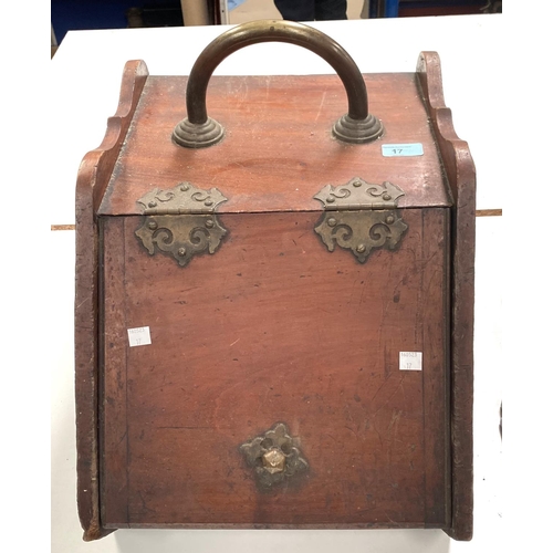 17 - An Edwardian walnut slope front coal box; a wall hanging hall brush rack (barometer)