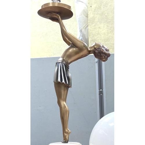 19 - An Art Deco cast metal figural table lamp of stylised female in gilt and silver on marble pedestal b... 