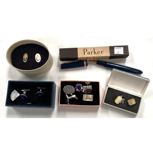 20 - A vintage blue Parker fountain pen, in box; a selection of decorative cufflinks including one silver... 