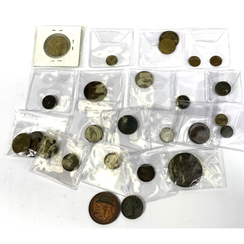 206 - A selection of GB and foreign copper and silver coins; an engraved penny and GB brass tokens