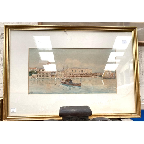 21 - A pair of watercolours depicting Venetian scenes, signed indistinctly 18 x 35 framed and glazed and ... 