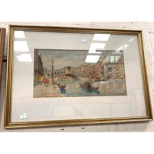 21 - A pair of watercolours depicting Venetian scenes, signed indistinctly 18 x 35 framed and glazed and ... 