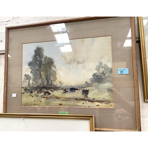 21 - A pair of watercolours depicting Venetian scenes, signed indistinctly 18 x 35 framed and glazed and ... 