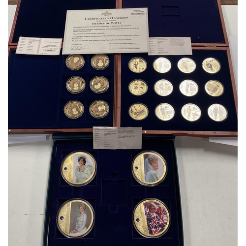 25 - A Windsor Mint 'Heroes of WWII' set of 6 gold plated medals: Churchill, Turing, Montgomery etc; a co... 