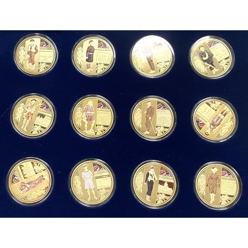 25 - A Windsor Mint 'Heroes of WWII' set of 6 gold plated medals: Churchill, Turing, Montgomery etc; a co... 