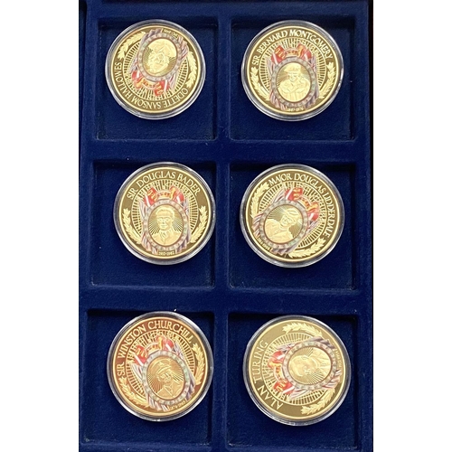 25 - A Windsor Mint 'Heroes of WWII' set of 6 gold plated medals: Churchill, Turing, Montgomery etc; a co... 