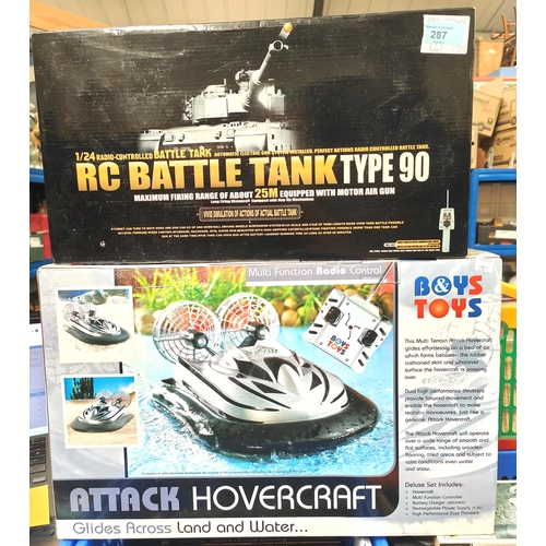 287 - A RC Battle Tank Type 90 originally boxed and a remote control Hovercraft boxed