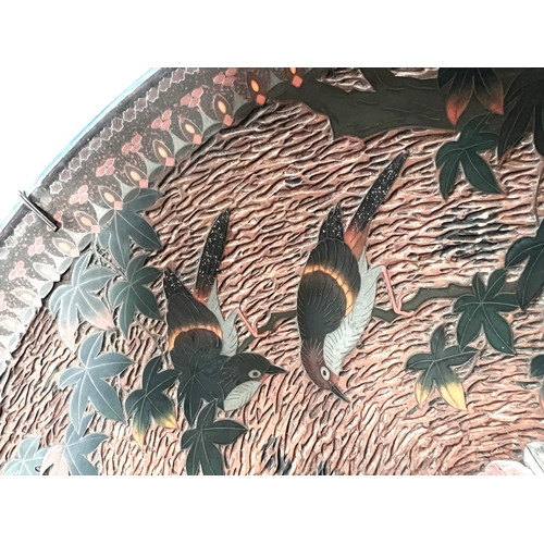 350 - A 19th century large Japanese charger with cloisonne and bark effect centre with birds and chrysanth... 