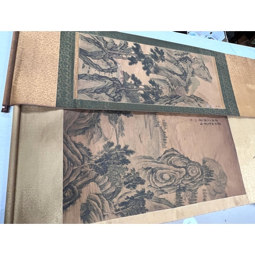 351 - 2 Chinese scroll paintings on silk 19th century or later both depicting traditional mountain scene b... 