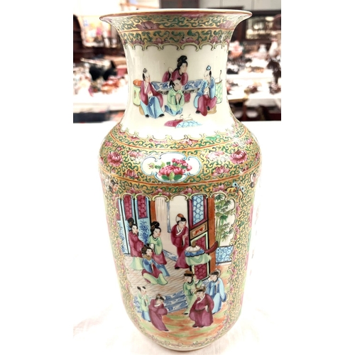 352 - A 19th century Chinese famille rose Rullo vase with polychrome panels depicting traditional scenes o... 