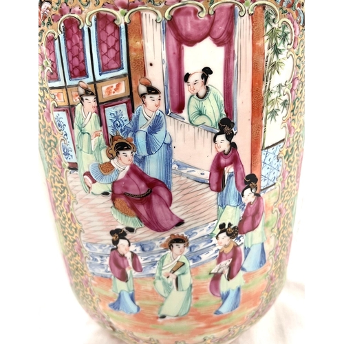 352 - A 19th century Chinese famille rose Rullo vase with polychrome panels depicting traditional scenes o... 