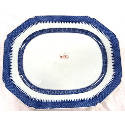 356 - An 18th century Chinese blue and white meat platter with armorial crown in the centre 44 x 35.5cm