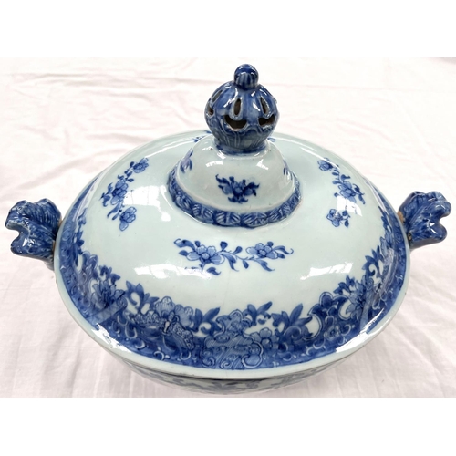 357 - An 18th century large Chinese blue and white tureen with pierced finial fleur de lys and mask handle... 