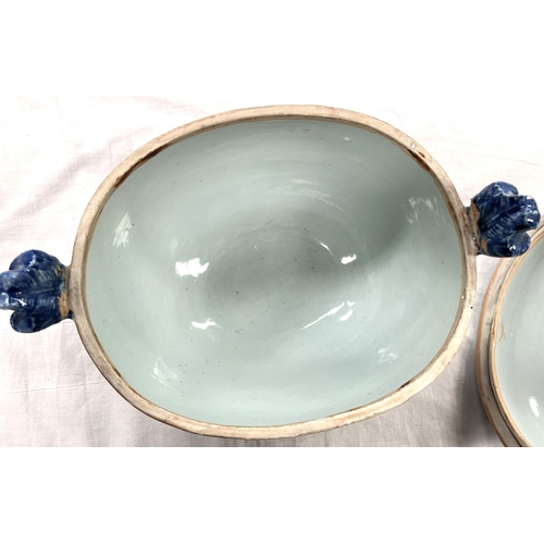 357 - An 18th century large Chinese blue and white tureen with pierced finial fleur de lys and mask handle... 