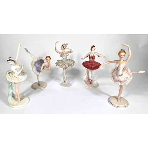 490 - 5 figurines of ballerinas: Coalport (2), The Firebird and Dame Margot Fonteyn, 2 Franklin Mint and a... 