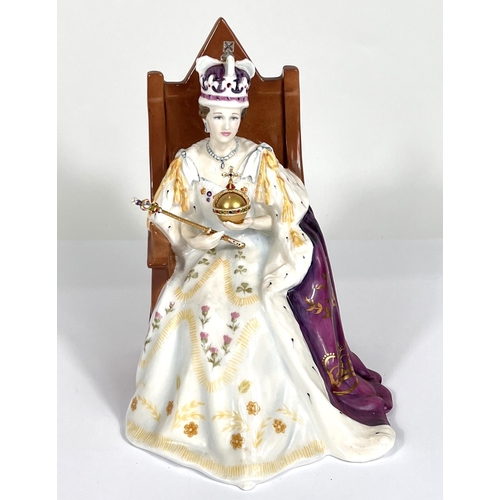 491 - A Royal Doulton figurine of seated QEII in Coronation dress with orb and sceptre, Queen Elizabe... 