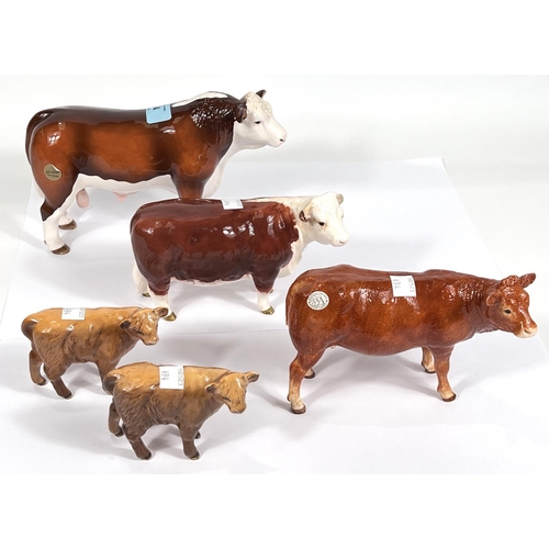 494 - Beswick figurines: 2 cows and 2 calves; a Border Fine Arts cow figurine