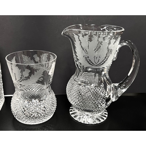 600 - Edinburgh Crystal Thistle Design, heavy hobnail cut with etched thistles - a square decanter, 2 bran... 