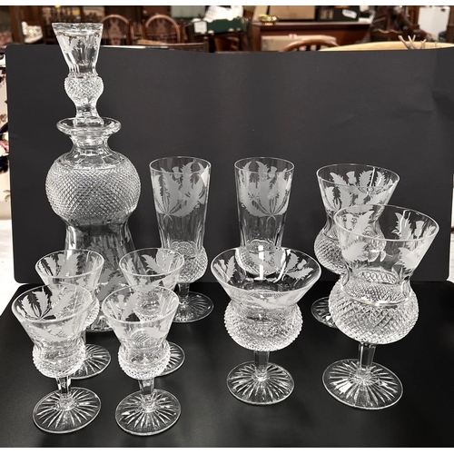 601 - Edinburgh Crystal Thistle Design, a round decanter, 2 champagne flutes, 2 wines (small nick to rim),... 