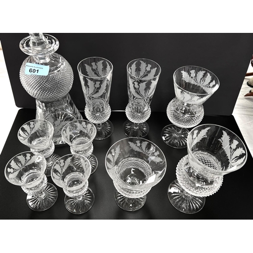 601 - Edinburgh Crystal Thistle Design, a round decanter, 2 champagne flutes, 2 wines (small nick to rim),... 