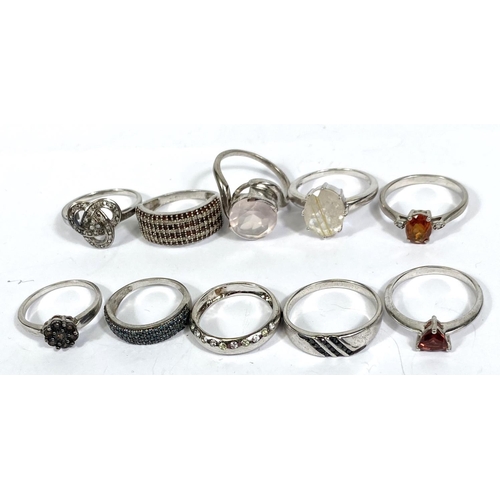 640B - Ten silver rings, stamped '925', assort designs and set  variety of coloured stones