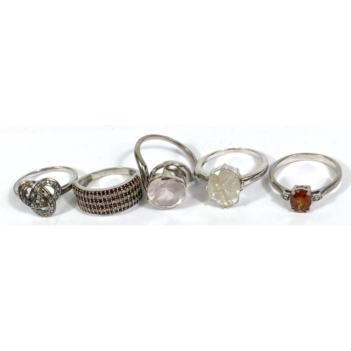 640B - Ten silver rings, stamped '925', assort designs and set  variety of coloured stones