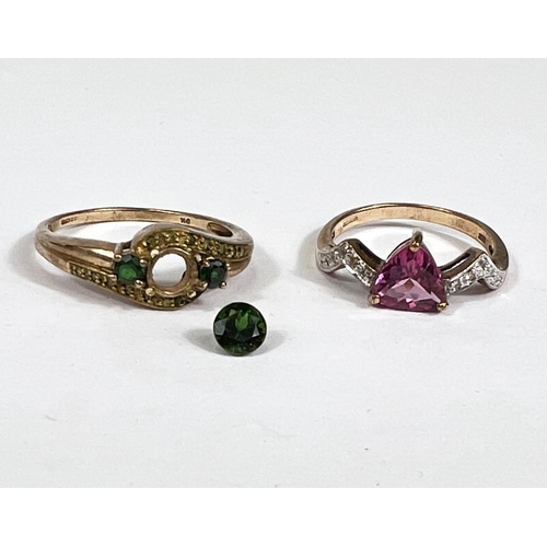 645 - Two 9 carat gold rings, 1 set triangular pink stone, 1 with blue stones (1 loose)