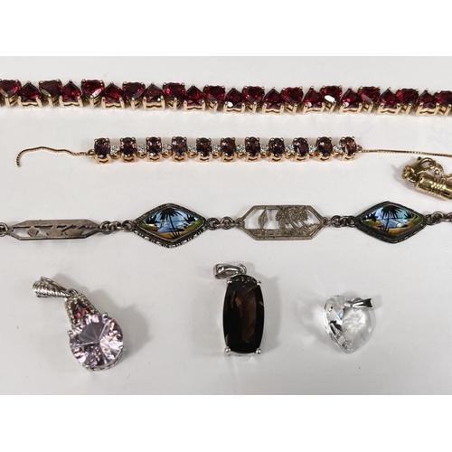 649 - Two gilt silver bracelets each set red/purple stones; a silver bracelet with pierced and butterfly w... 