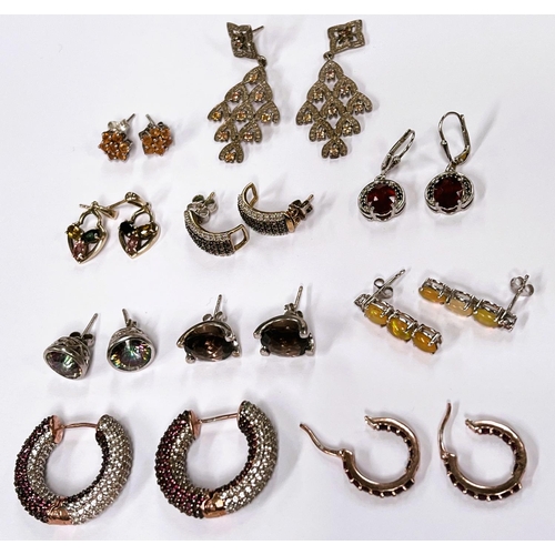 650 - Ten pairs of silver pierced earrings, all set with a variety of coloured stones