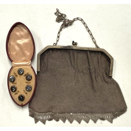 663 - A set of 6 dress studs in mother-of-pearl and marcasite, set turquoises; a mesh evening purse