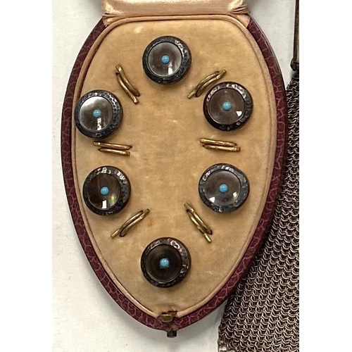 663 - A set of 6 dress studs in mother-of-pearl and marcasite, set turquoises; a mesh evening purse