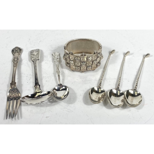 708 - A pierced sifter spoon; 4 small hallmarked silver teaspoons and a flask, various dates, 4oz; a white... 