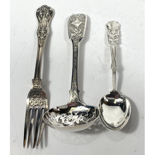 708 - A pierced sifter spoon; 4 small hallmarked silver teaspoons and a flask, various dates, 4oz; a white... 