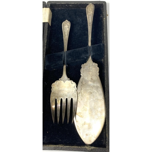 713 - A cased set of dessert knives and forks; cased serving sets; a silver on copper gallery tray; a frui... 