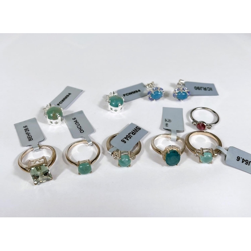 720 - 2 Aquaprase and silver pendants; 3 Aquaprase and silver rings; a Prasiolite and silver ring; a pair ... 