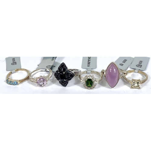 720A - 6 silver rings, various designs and coloured stones