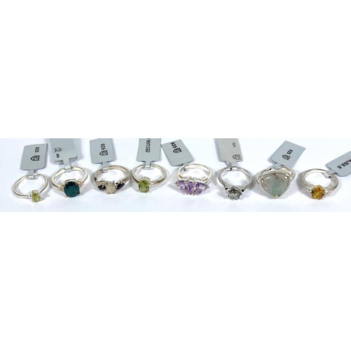 721A - 8 silver rings, various designs and coloured stones and 4 Gemporia ring boxes