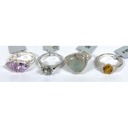 721A - 8 silver rings, various designs and coloured stones and 4 Gemporia ring boxes