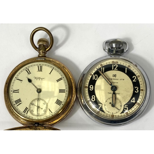 730 - A gold plated Waltham enclosed pocket watch and a chrome vintage Ingersoll Triumph pocket watch etc