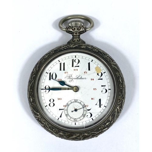 738 - A 19th century French large pocket watch, open faced and keyless, the white metal case decorated in ... 