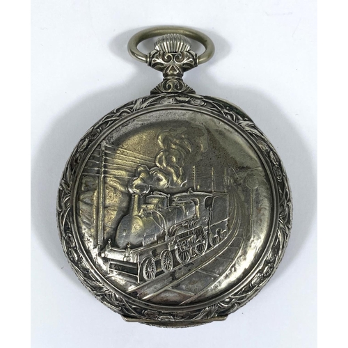 738 - A 19th century French large pocket watch, open faced and keyless, the white metal case decorated in ... 